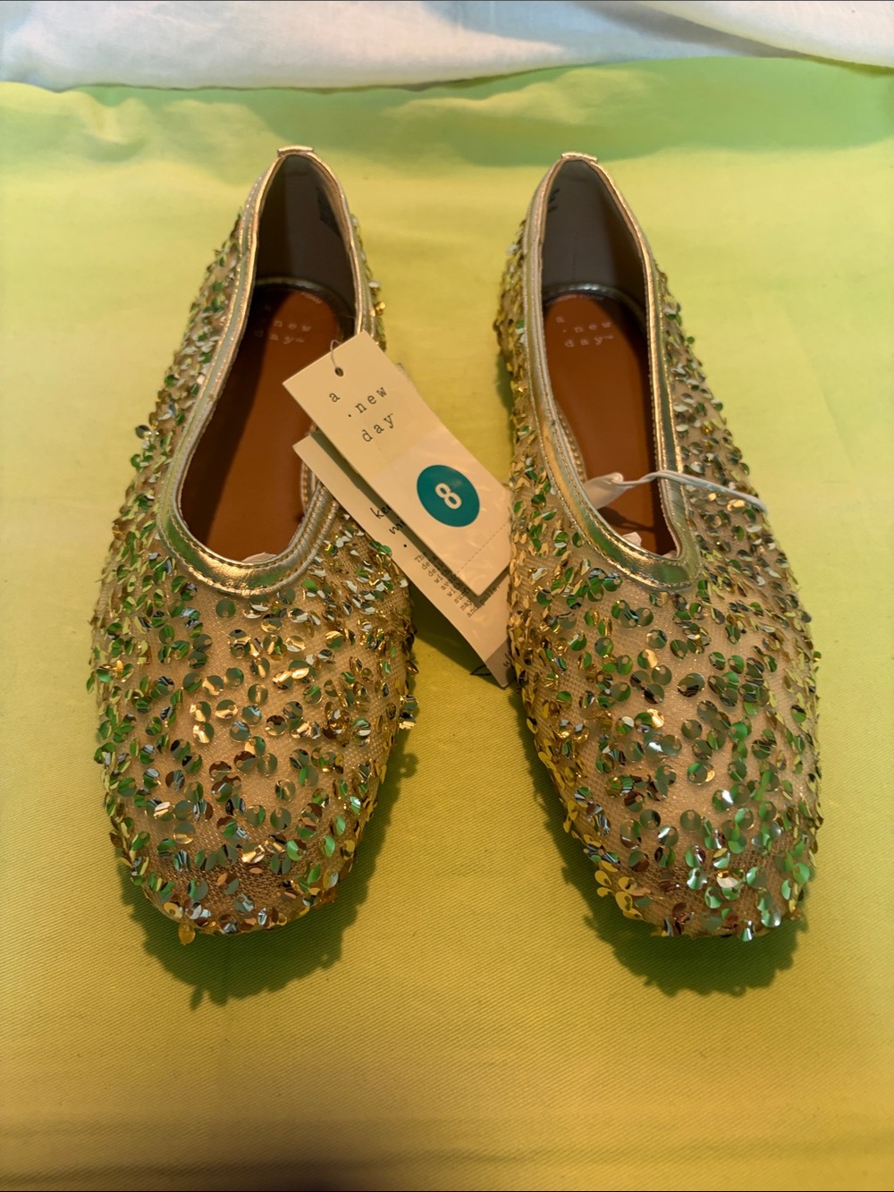 a new day Green Sequin Embellished Cream Slip-On Flats